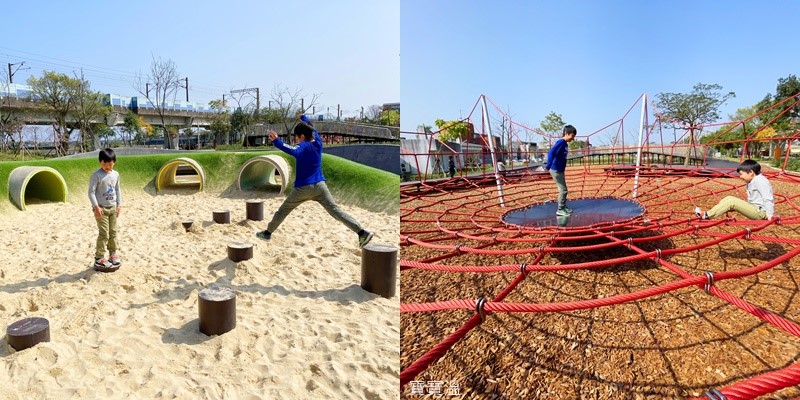宜蘭特色公園》冬山鄉政公園兒童遊戲場. 彈跳床、攀爬網、水管大沙坑，還可以看火車